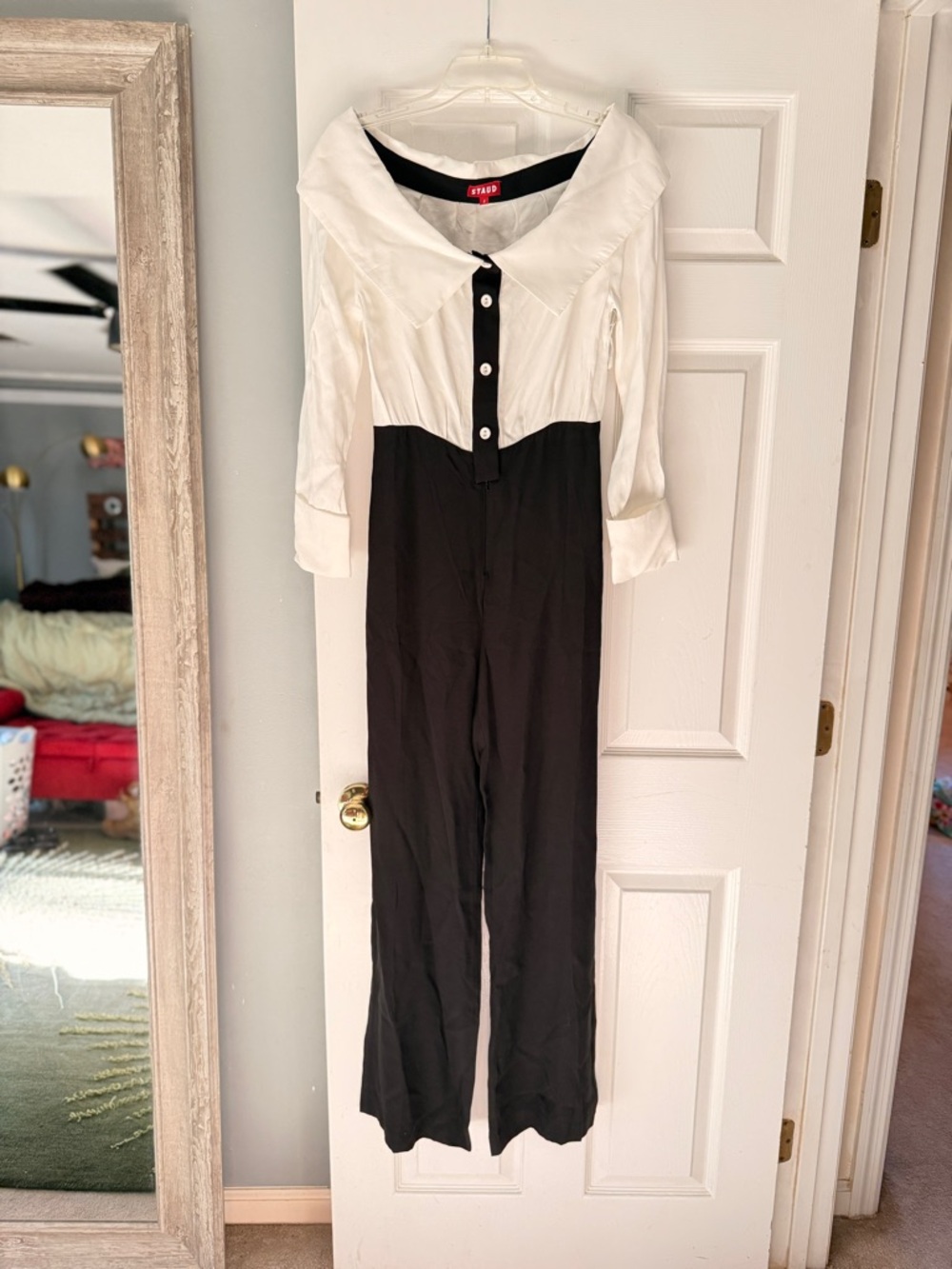 New STAUD Palladium Jumpsuit Off-Shoulder Two-Tone Jumpsuit - Black & White S/4 - Picture 4 of 15